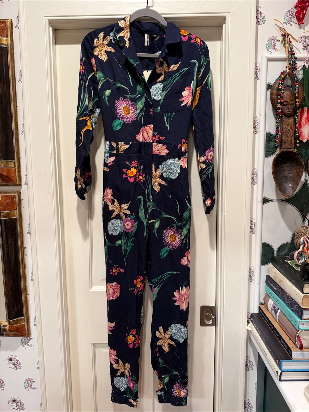 Topshop Navy Floral Button-Front Long-Sleeve Jumpsuit